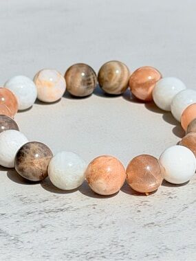 Natural Tricolor Moonstone Bracelet 10mm Genuine Gemstone 6.5in